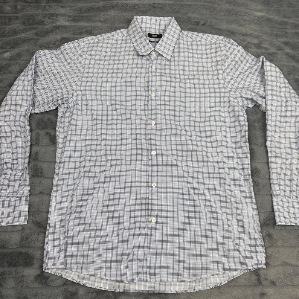 Hugo Boss Regular Fit Shirt Mens 16.5 34/35 Blue White Plaid Cotton Button Down